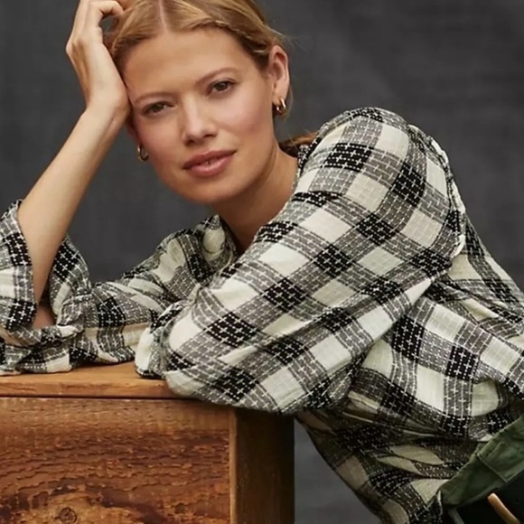 Anthropologie Pilcro Breezy Button Down Black Plaid Buffalo Top Blouse Size S - Picture 1 of 14